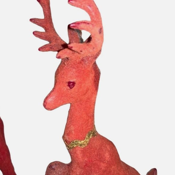 Red Flocked Felt Christmas Reindeer 2 Vintage Deer - Picture 5 of 16